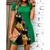 2026 Women's Round Neck Short Sleeved Loose Fitting Pullover Cat Print Casual Summer Dress
