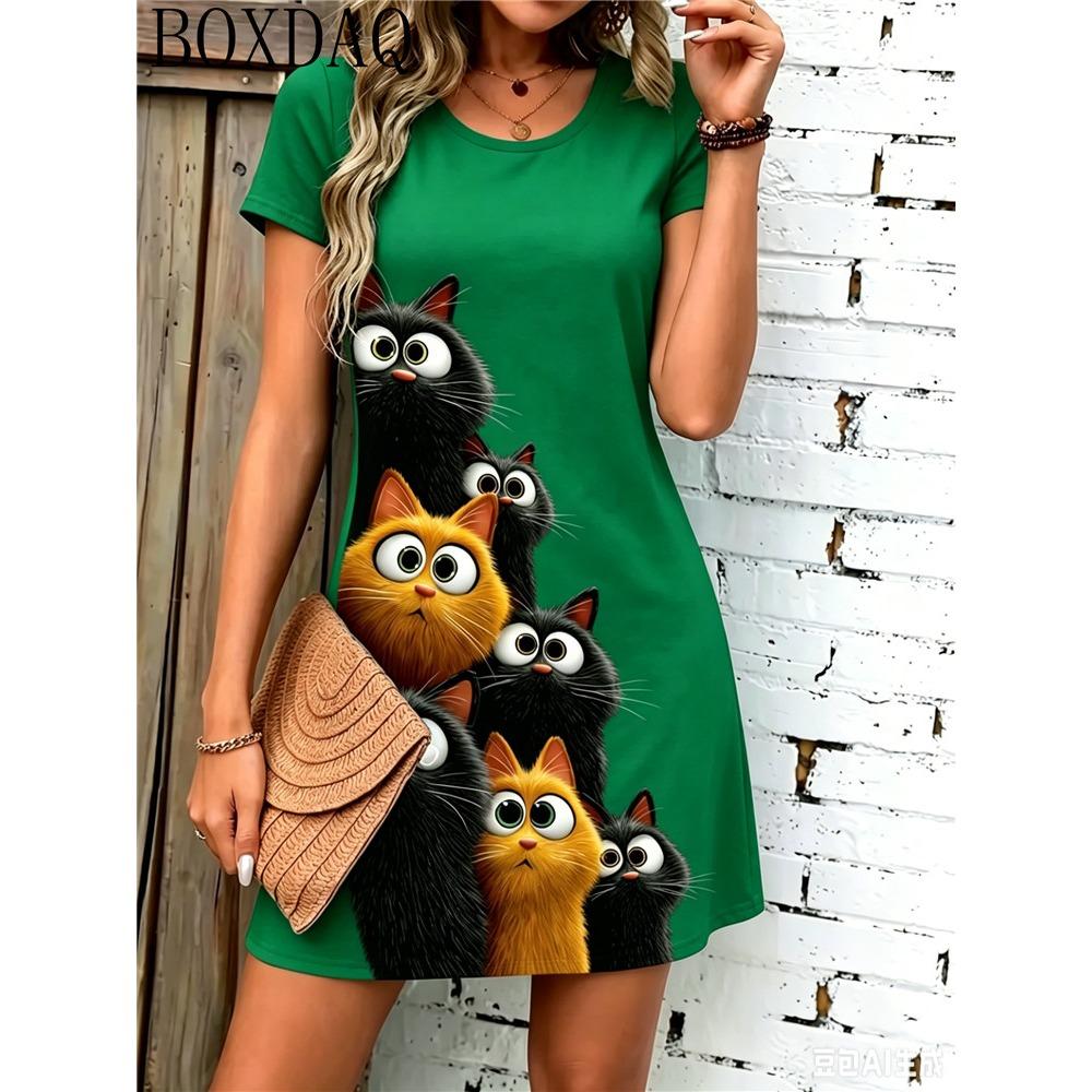 2026 Women's Round Neck Short Sleeved Loose Fitting Pullover Cat Print Casual Summer Dress