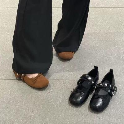 French Flat Mary Jane Shoes Women's 2025 Autumn New Rivet Bow Ballet Shoes One-word Buckle Evening Shoes