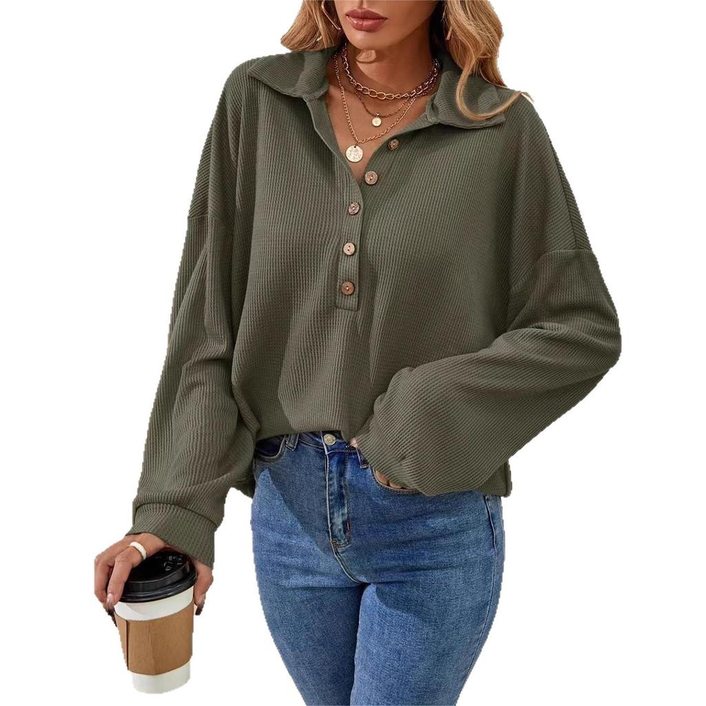 Neue Herbst- und Wintermode und elegantes einfarbiges Revers Langarm Damen Freizeitshirt