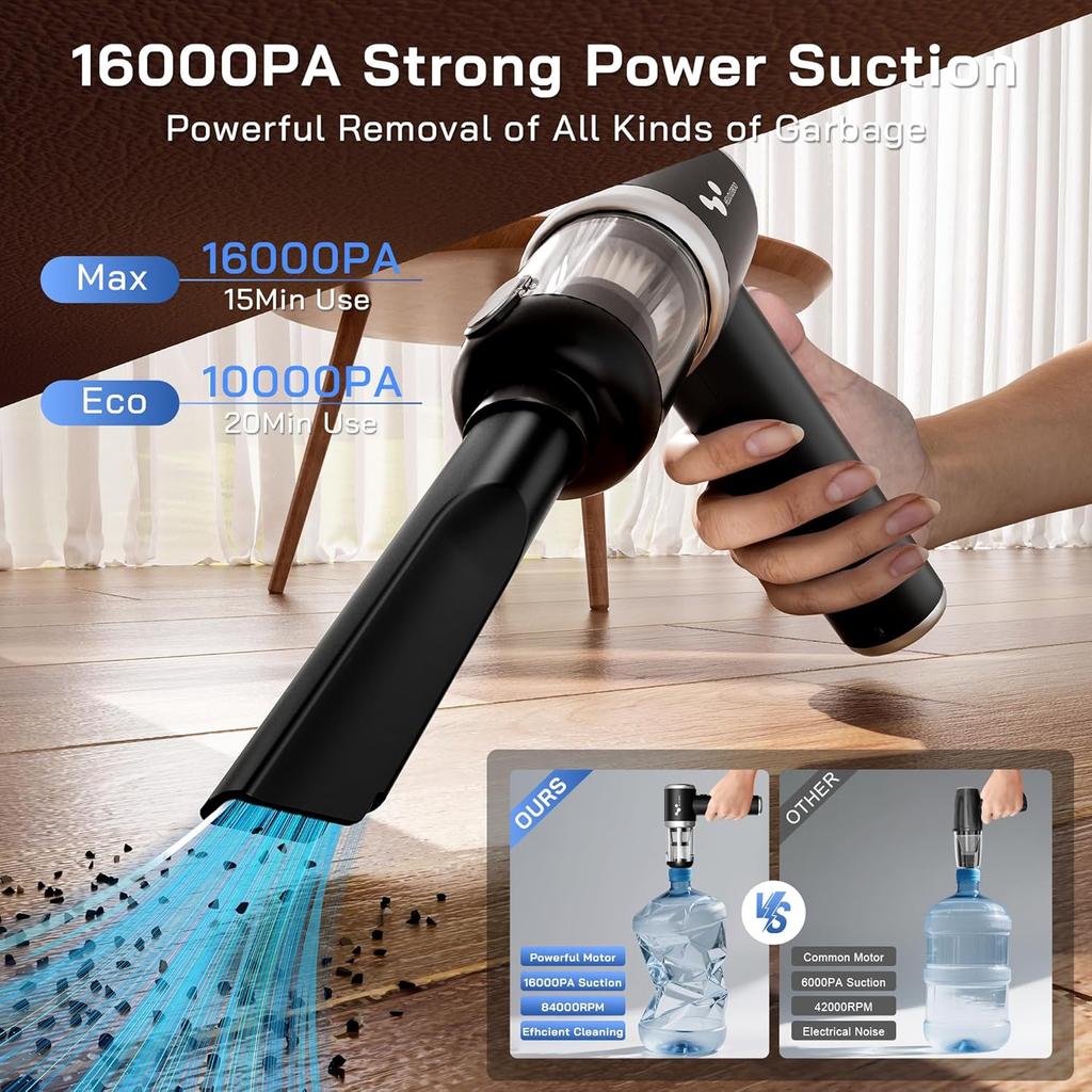 Helloleiboo Handstaubsauger für Auto 16000PA Auto Staubsauger Tragbar Kabellos 120W Hohe Leistung 4-in-1 Mini-Staubsauger Wiederaufladbar & Luftgebläse