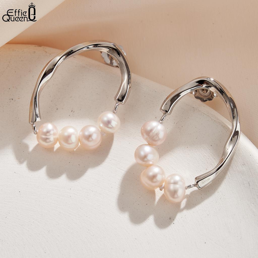 Effie Queen S925 Silver 14k Gold Oval Pearl Beads Strand Hoop Earrings Romantic Jewelry for Women 2025 Trend Earrings GPE103