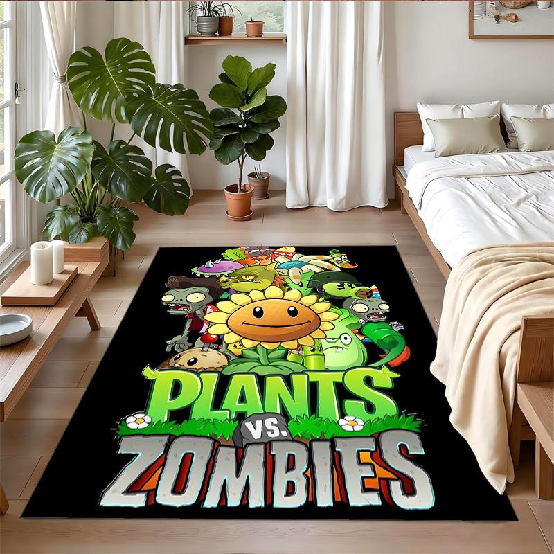 Anti‑Slip Crystal Velvet Floor Rug, Plants vs. Zombies Design Carpet for Indoor Living Bedroom Home Decoration