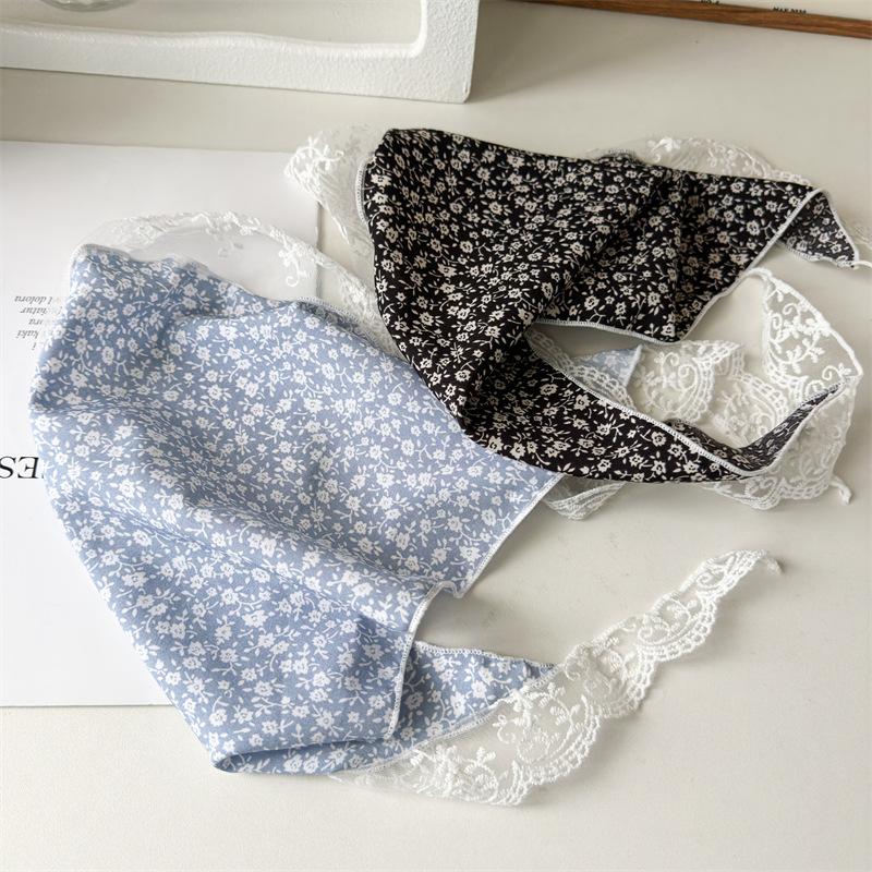 Spring Summer Floral Head Scarf with Decorative Lace Edge for Women Daily Wear Breathable Versatile Fashion Accessory