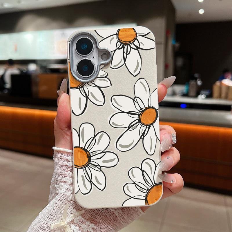 

Ударопрочный матовый чехол для телефона с узором в виде цветка маргаритки для iPhone 16 Pro Max 15 Pro 14 Plus 13 12 11 тонкий чехол-бампер из кожи TPU с текстурой из мягкого материала iPhone 13 бежевый/белый