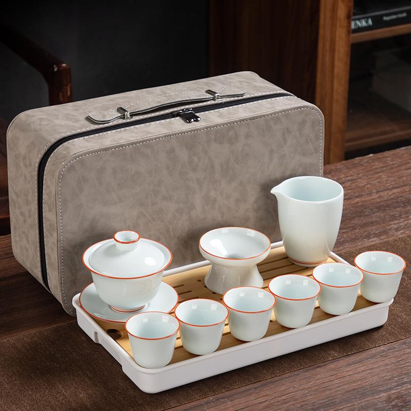 Celadon travel tea set creative kung fu ceramic cover bowl teacup tea tray full set of business gifts