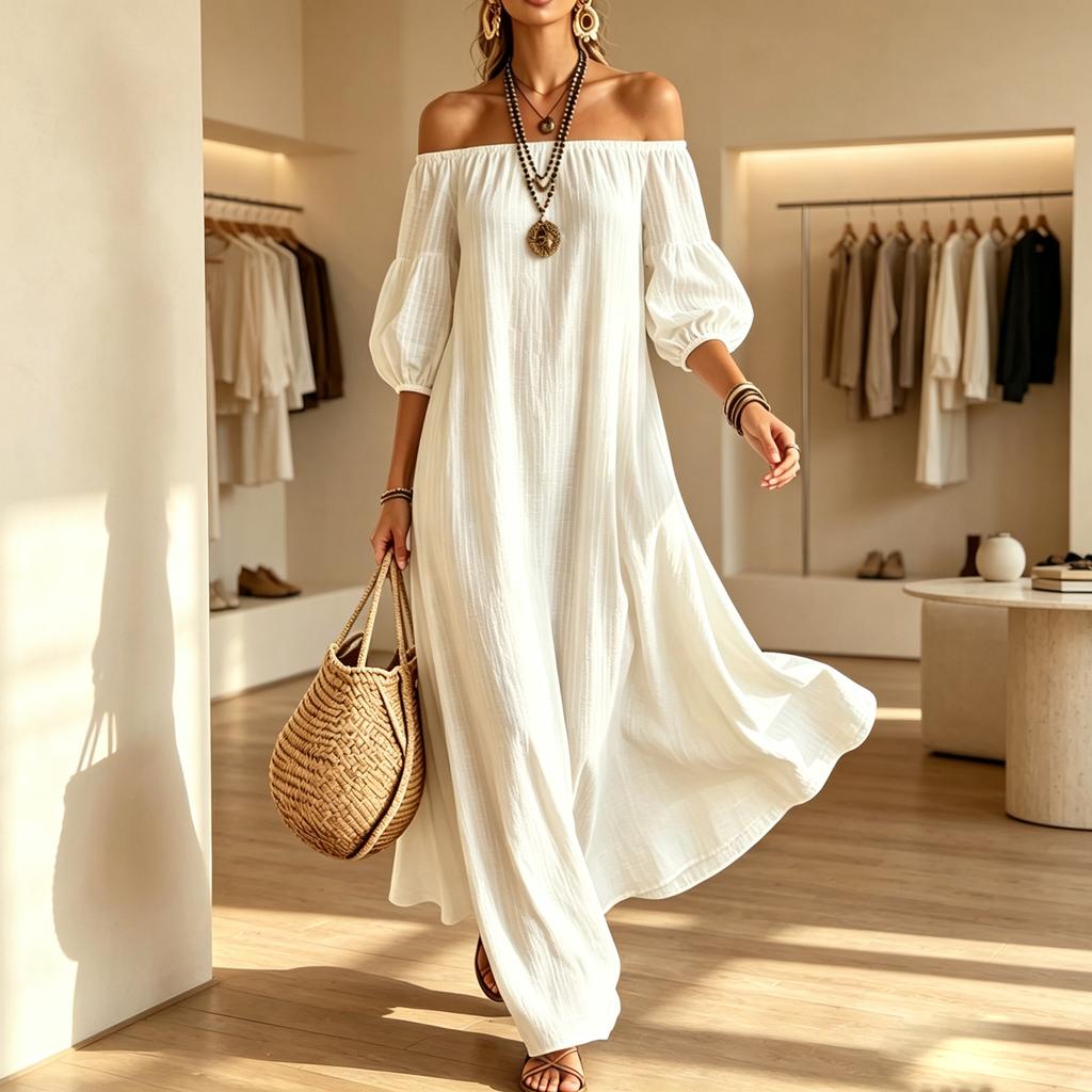Women's Off-the-Shoulder Neck Puff Sleeve Dress, Color Elegant Casual Dress