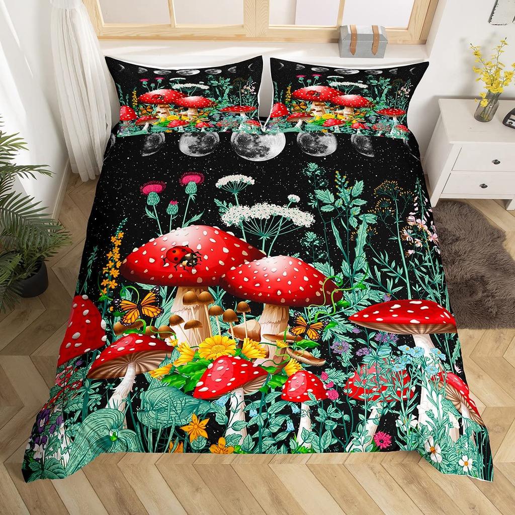 Glitter Starry Sky Galaxy Duvet Cover Mushroom Butterfly Quilt Cover Microfiber Star Moon Palm Leaves Flowers Queen Bedding Set