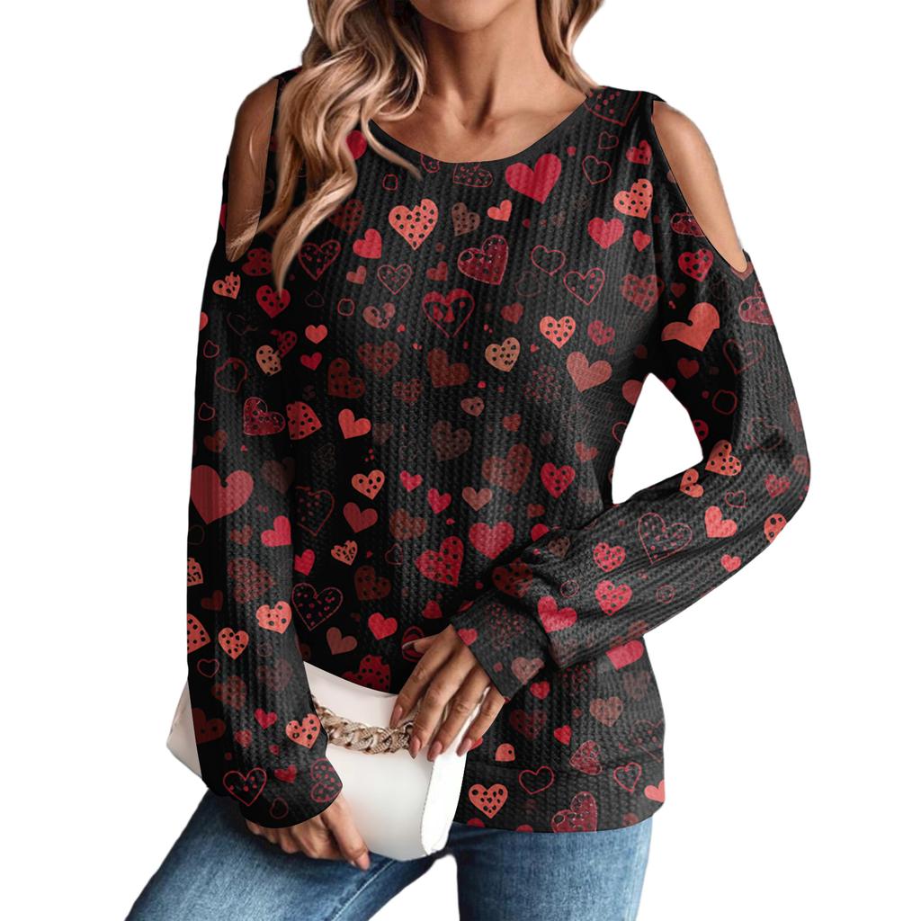 Women's Winter Oversized T-Shirt Fashionable Off-the-Shoulder Round Neck Vintage Floral Print Pullover Long-Sleeved Top