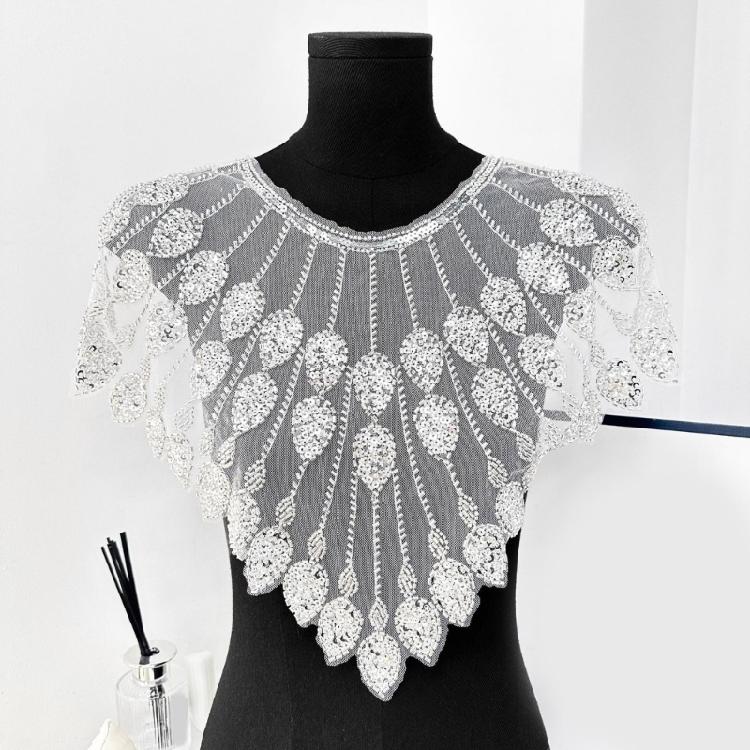 Embroidery Applique Sequins Beads Sew On Collar Patches Wedding Dress Applique For Wedding Dress Evening Gown Decoration
