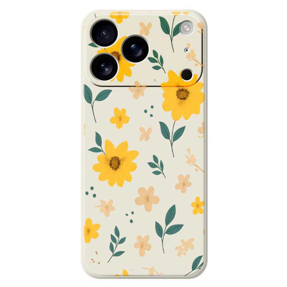 

For iPhone 17 Pro Case Yellow Floral and Leaves Pattern Printing Straight Edge TPU Phone Back Cover Beige