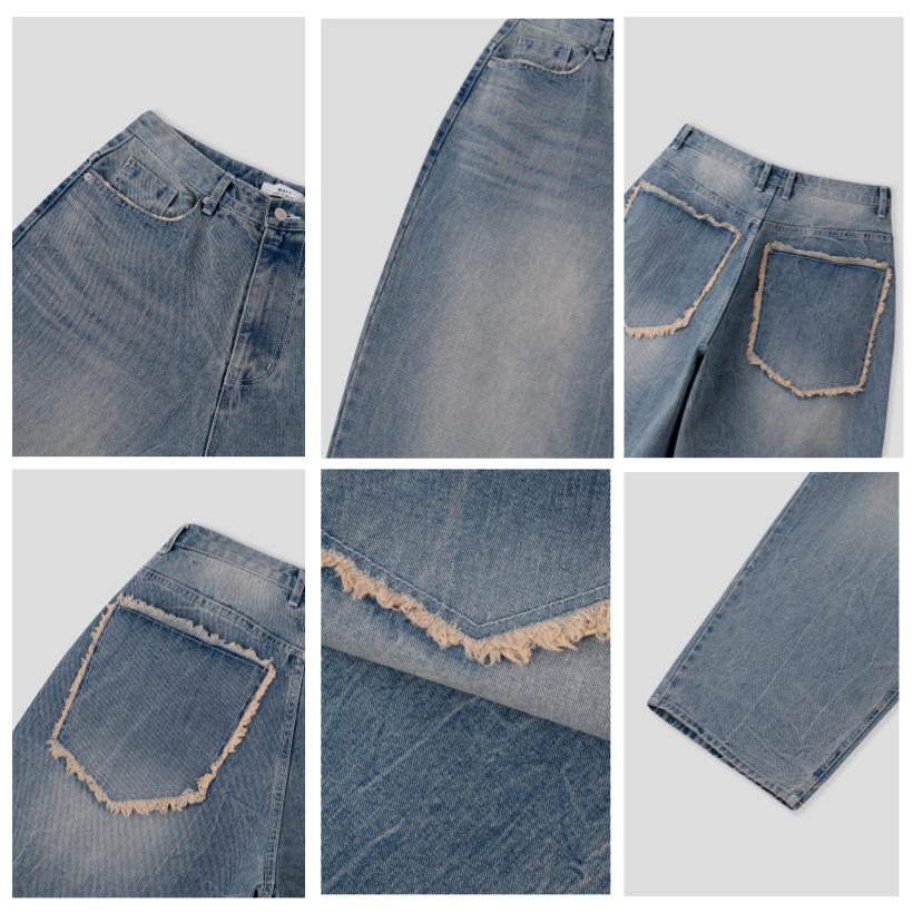 Vintage Washed Big Pocket Denim Pants Men Wide Fit Streetwear Jeans Casual Loose Long Pants