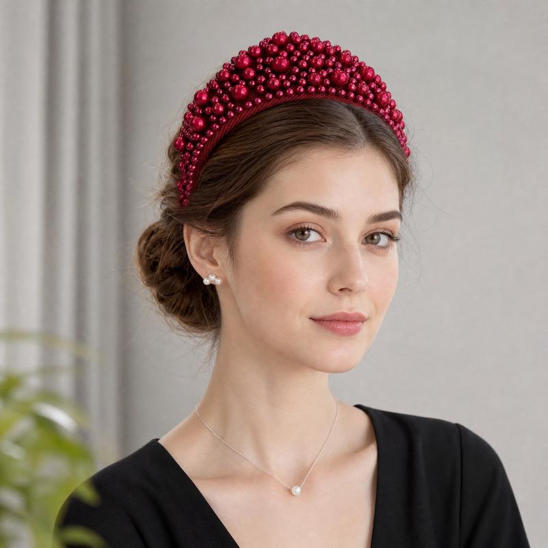 1Pcs Crystal Hairbands Luxurious Pearl Headbands Vintage Beaded Sponge Hair Hoop Handmade Anti-Slip Rhinestone Tiara Bridal
