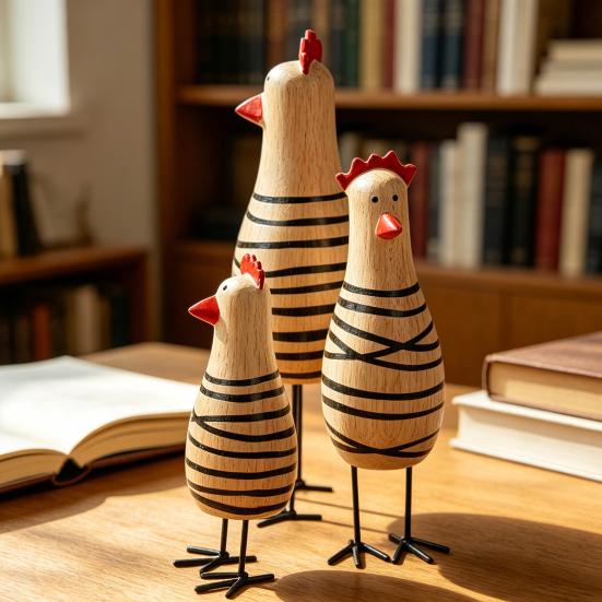 Rustic Wooden Kitchen Decor 3Pcs Hand-Painted Chicken Figurine Set, Cute Animal Desktop with Striped Black Pastoral Style Table Decoration &