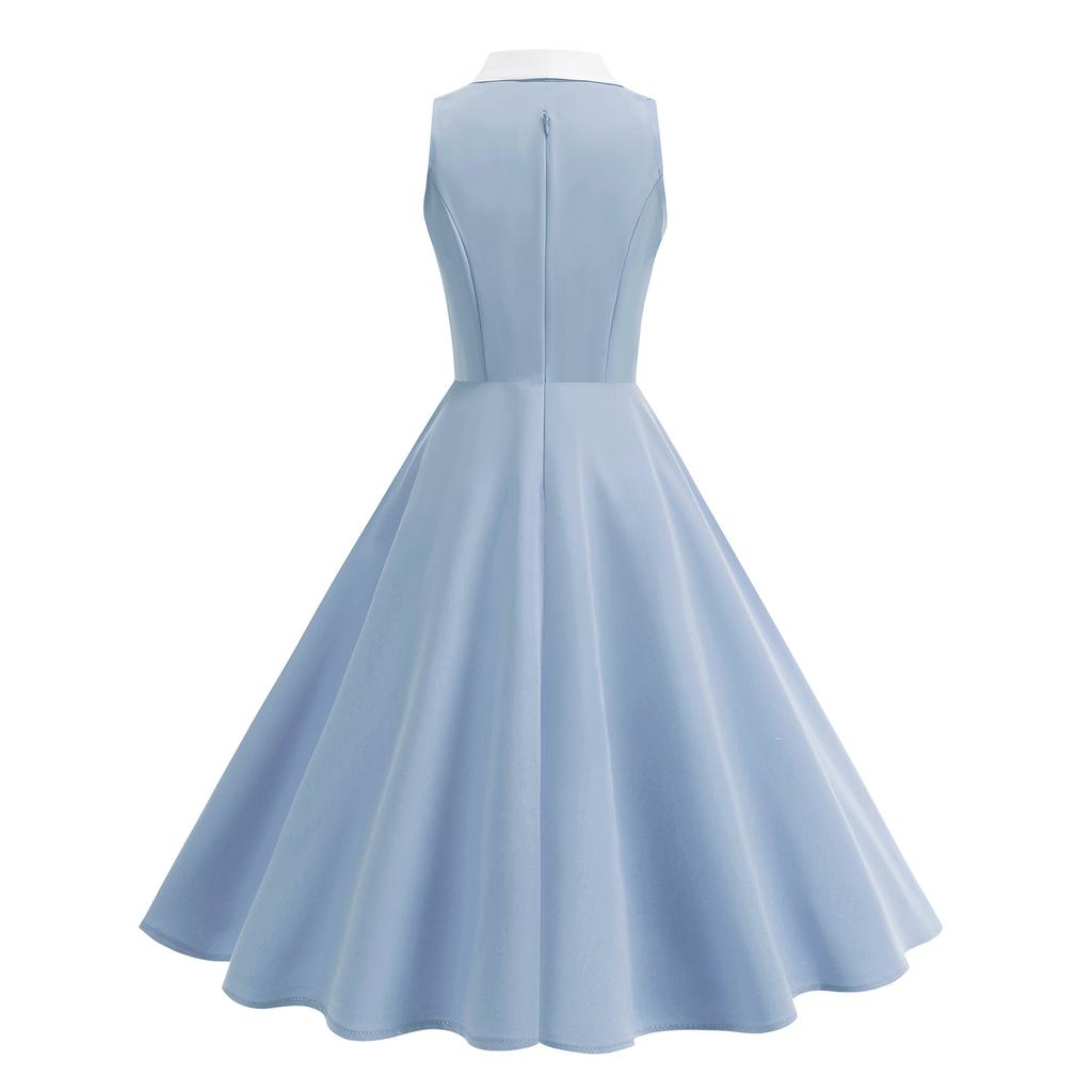 Retro-style Fitted Waist, Colour-blocked Collar, Mid-length Flared Dress for End-of-year Performances