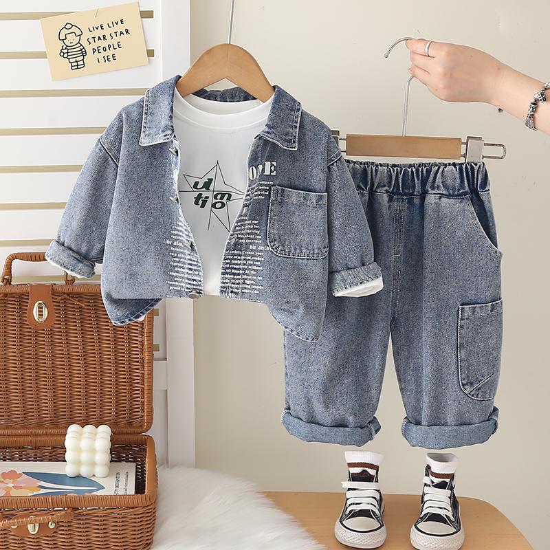 0-5-year-old Boys' Long Sleeved 3-piece Set, Boys' Fashion Suit, Children's Denim Jacket+white T-shirt+denim Pants