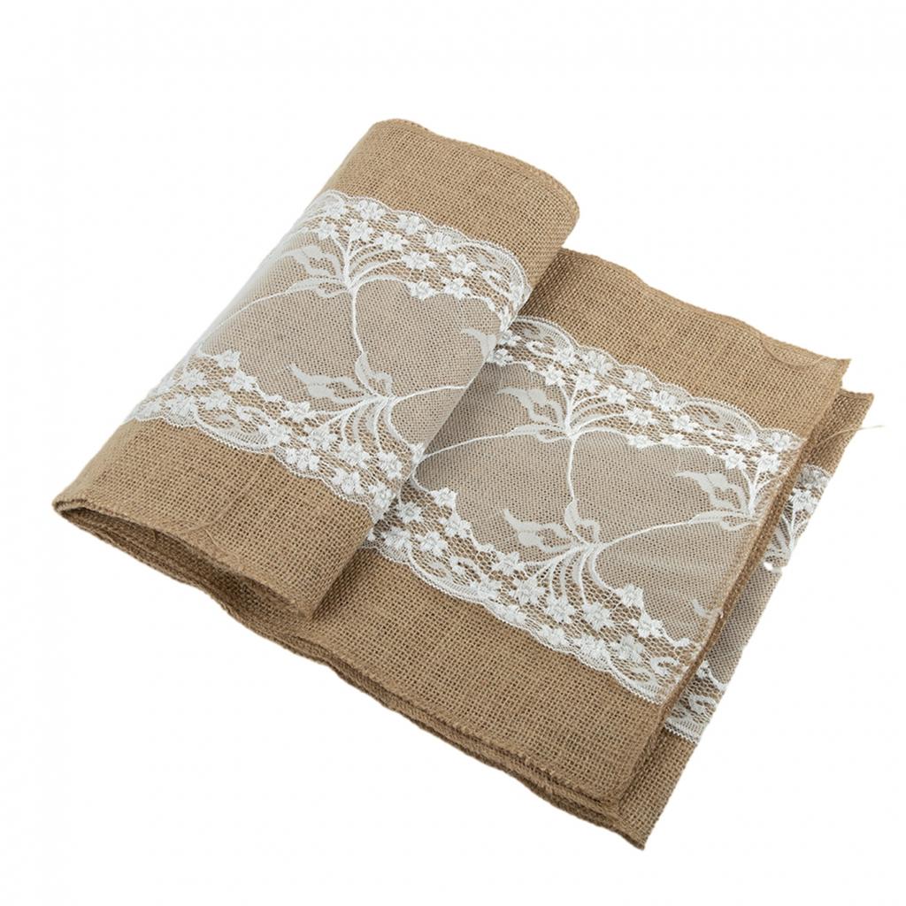 Tavola Runner 30x275cm Lino Misto Juta con Bordino in Pizzo per Ogni Occasione