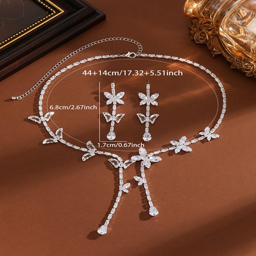 French-Style Earrings and Necklace Set Zirconia Butterfly Tassel Jewelry Sets for Banquets