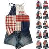 Regata Boêmia Feminina Sem Mangas Patchwork com Gola Halter Verão Casual Caimento Solto Colete Blusa com Estampa da Bandeira dos EUA