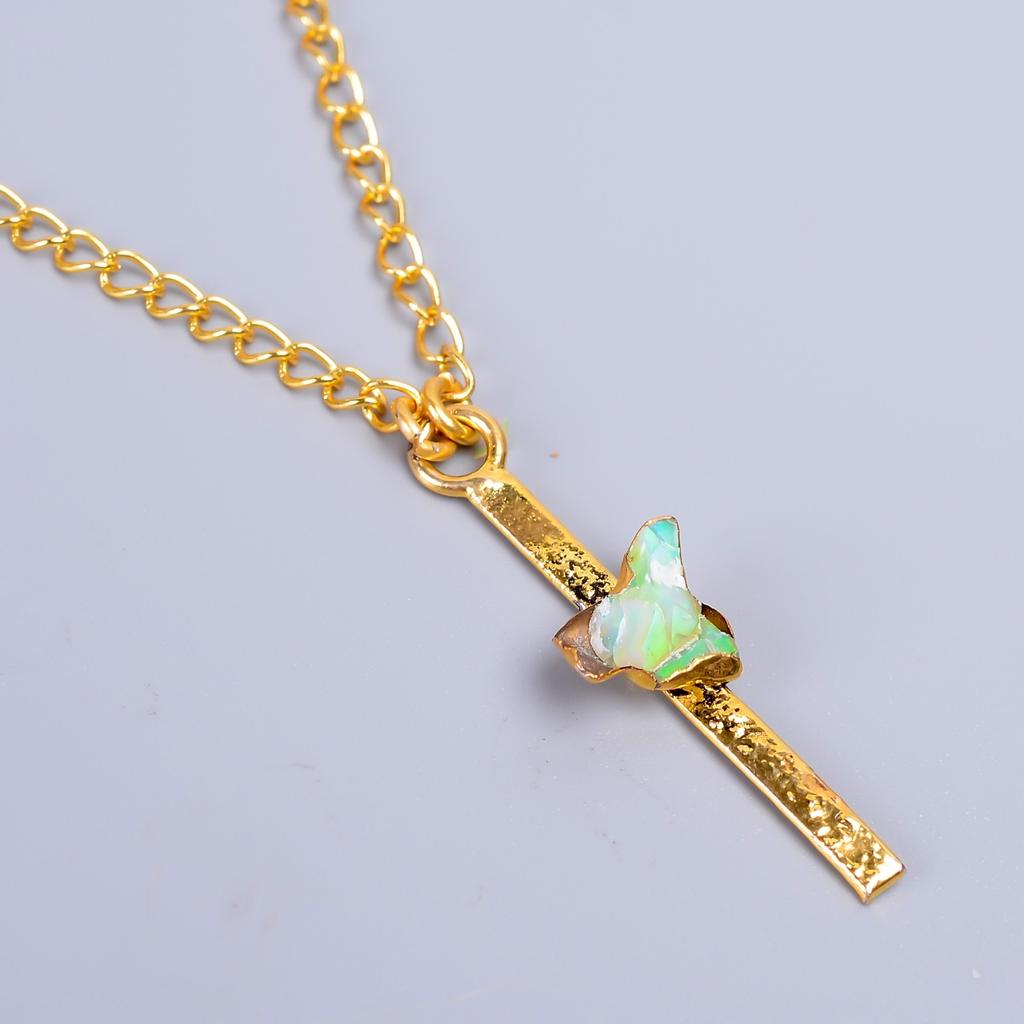 Natural Ethiopian Opal Gold Plated Electroformed Wedding Chain Necklace Jewelry V-79