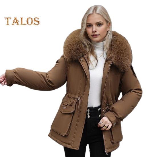 Winterjacke aus Baumwolle für Damen, pelzige Kapuze, verdickter Plüsch, lange Ärmel, elastische Taille, Taschen, Reißverschluss, Mantel, mittellang, winddicht, warm, Daunenmantel