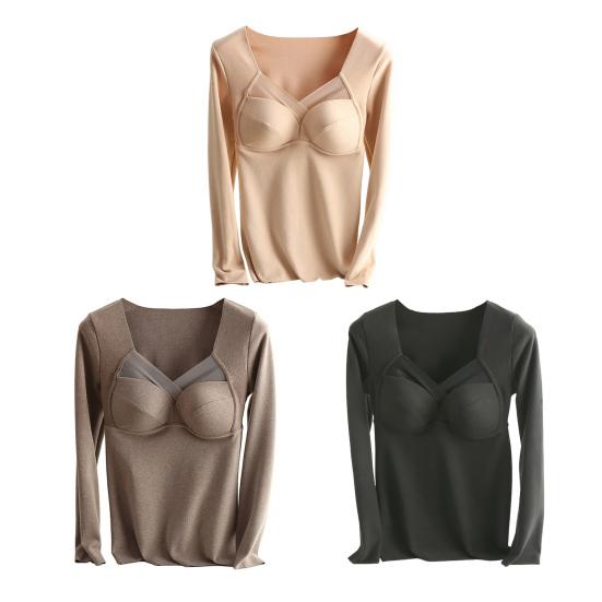 Women Bottoming Tops V-Neck Chest Padded Long Sleeve Thermal Tops Elastic DE Velvet