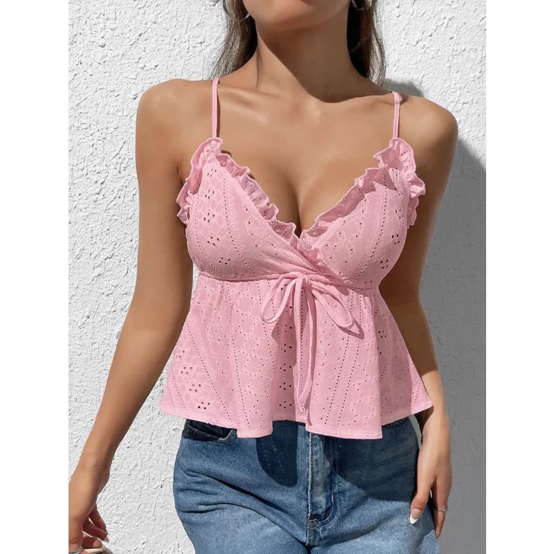 Women Sexy Lace Trim Spaghetti Strap Sleeveless Slim Fit Solid Camisole Top