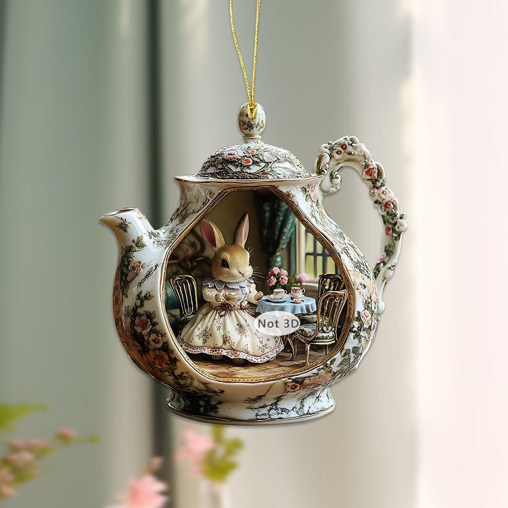 2D Acrylic Rabbit in Teacup Pendant Flat Bag Pendant Charms Christmas Hanging Pendants Christmas Tree Ornament Navidad Decor