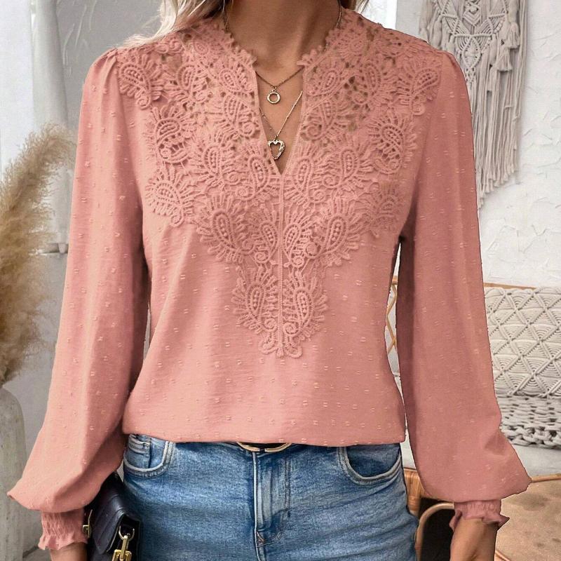 2025 Autumn/Winter New Collection, Fashionable V-neck, Lace, Solid Color, Long Sleeve, Casual Top, Women's Top, Autumn/Winter Interior, Elegant Design