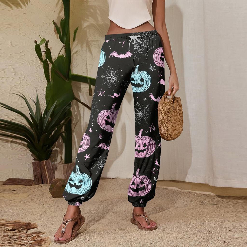 Women's Halloween Print Joggers Sweatpants - Drawstring Elastic Waist Cuffed Casual Pants for Fall Holiday Party