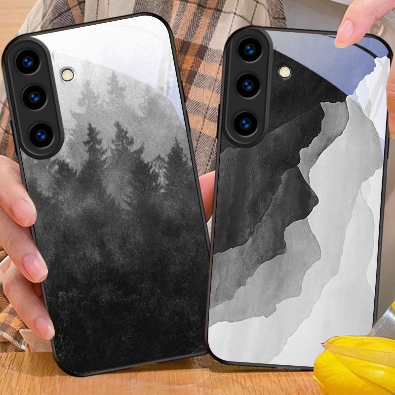 Ink Landscape Painting For For Samsung Galaxy S25+ S24+ S26 Ultra S25 Edge S24 FE S23 S22 S21 S20 Plus Black Glass Phone Case