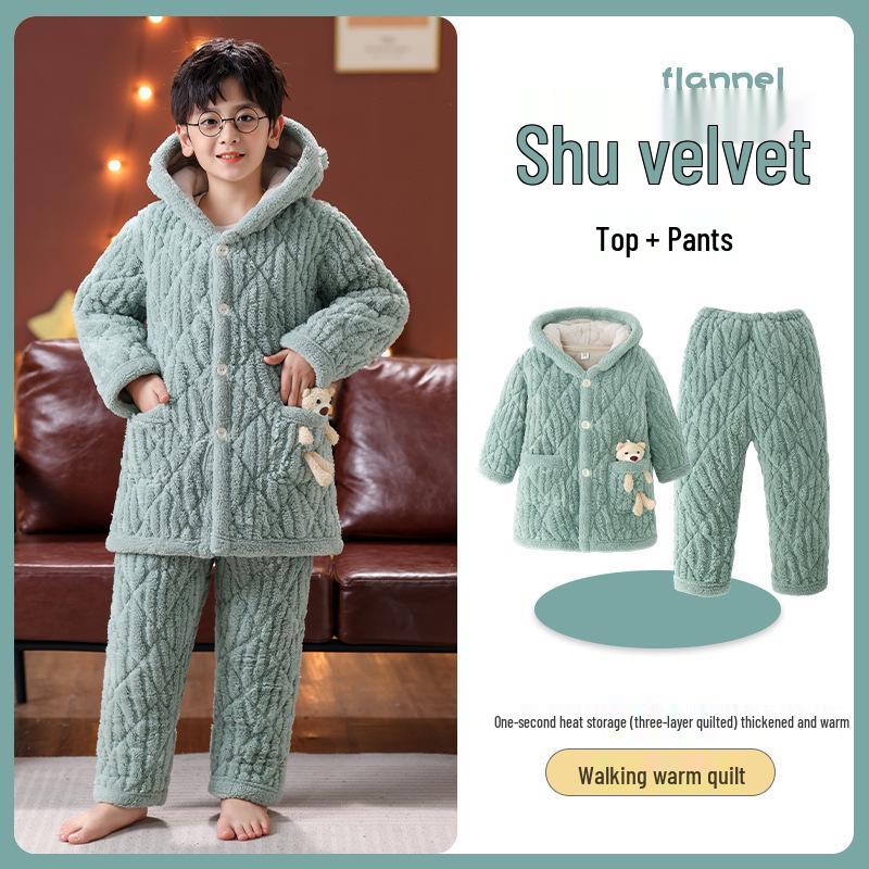 Winter Kids' Flannel Pajamas: Boys & Girls Coral Fleece, Velvet-Lined, Three-Layer Quilted Parent-Child Sleepwear