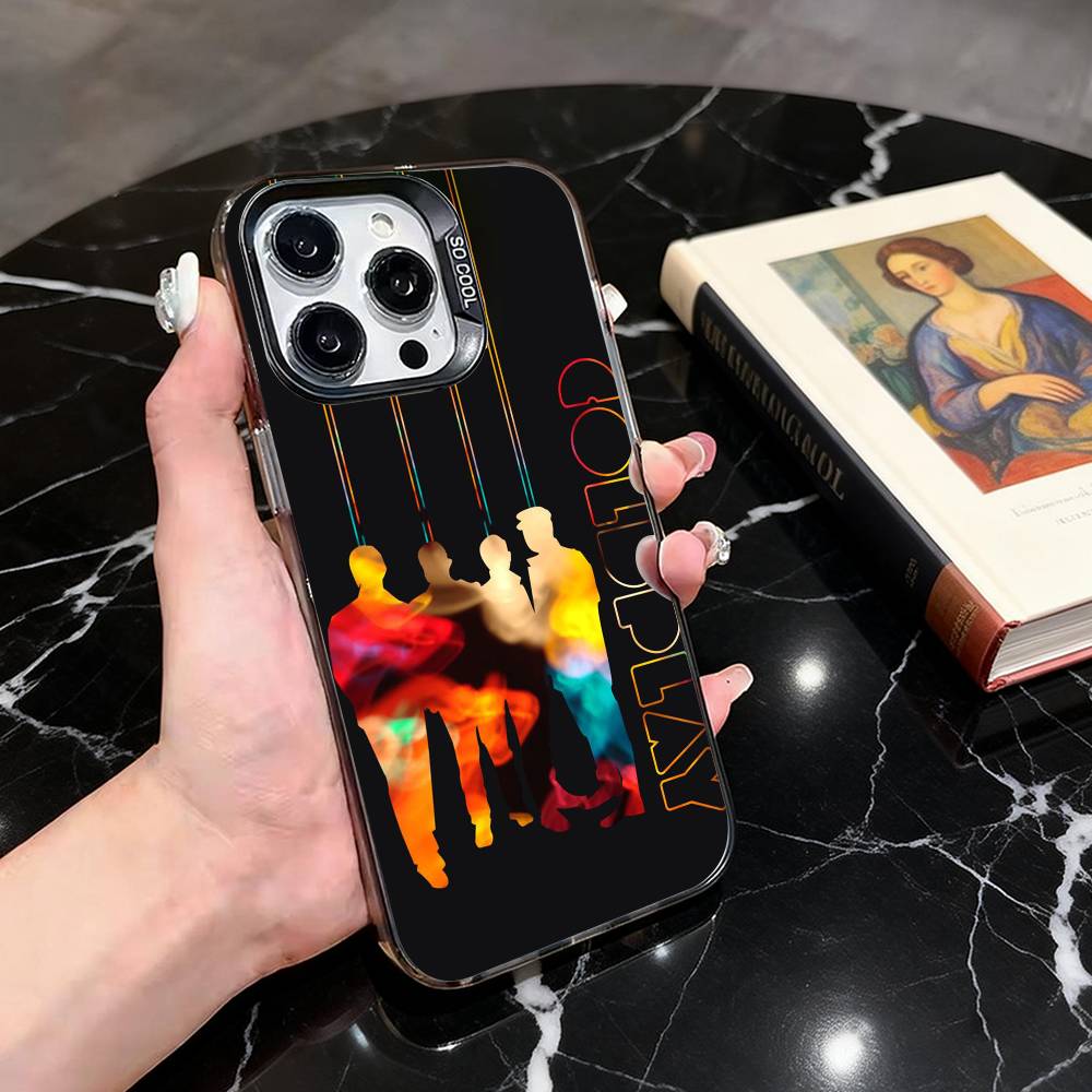 Colorful Band C-Coldplay CC Phone Case For iPhone 17,16,15,14,13,12,11 Plus,Pro Max,XS,Colored Silver Plated Inside Cover