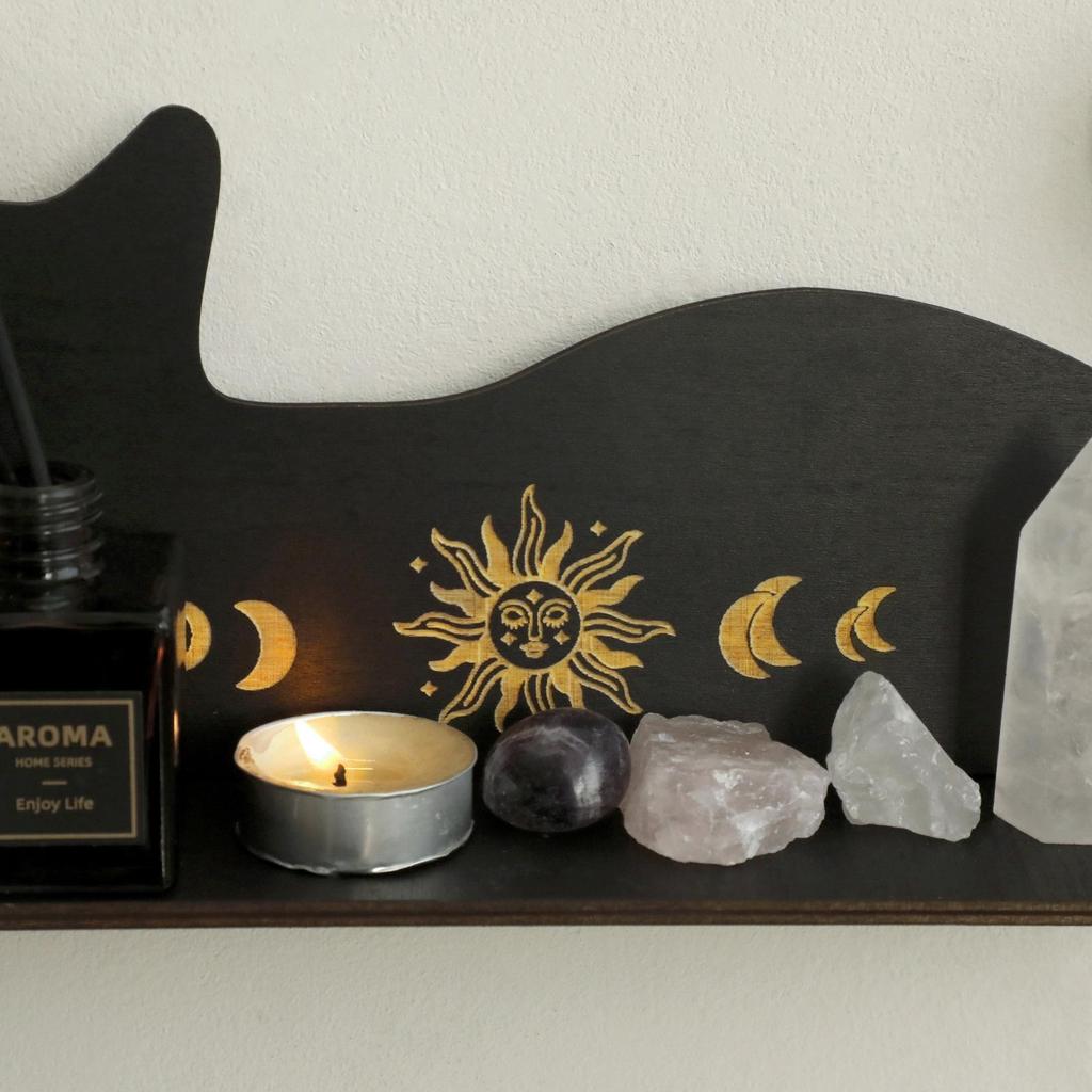 Wooden Wall Catshaped Shelf Gothic For Crystals Decor