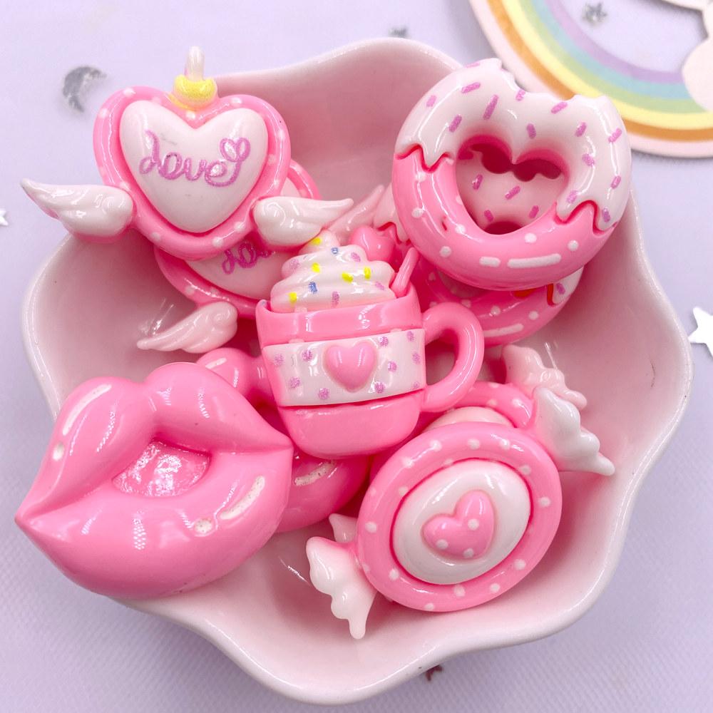 10PCS Resin Colorful Kawaii Pink Candy Heart Donut Flat Back Stone Cartoons Scrapbook Figurines DIY Bow Decor Accessories Crafts