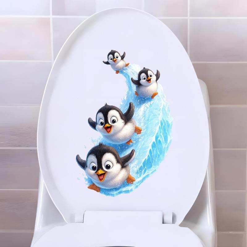 Autocollant Décoration Toilettes Pingouins Glissants Mignon Imperméable Auto-adhésif Salle de Bain Maison Sticker Mural