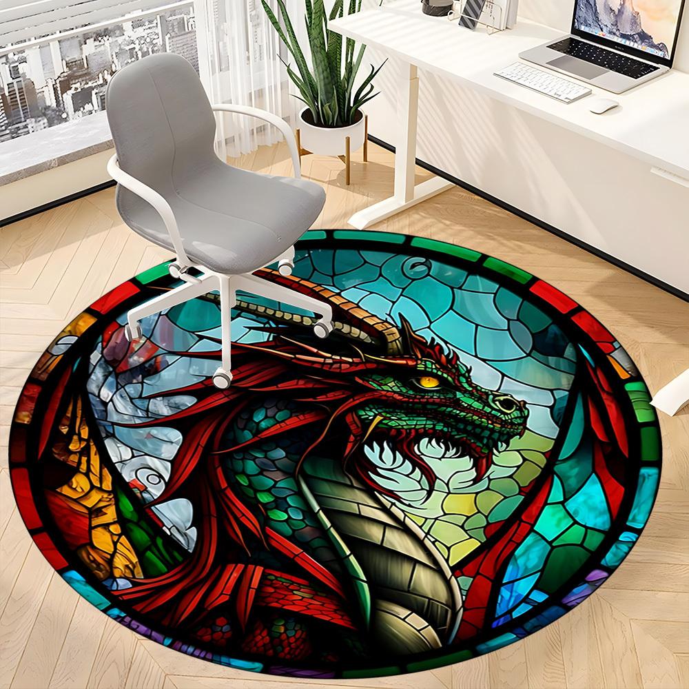 1 Stück Buntglas Drachen Stuhl Teppich für Büro Rutschfest, Maschinenwaschbarer Teppich für Büro - Feiertagsdeko Maschinell hergestellt yy251029089
