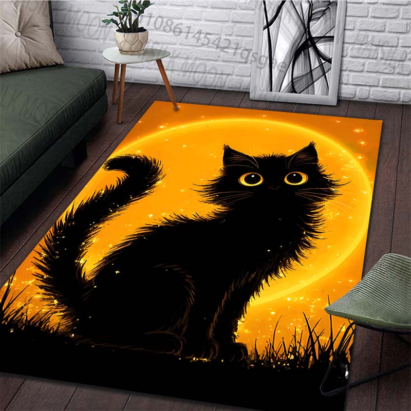 1PC Black cat with orange background Print Carpet Rug for Living Room Bedroom Sofa Doormat Home Decor Non-slip Floor Mat