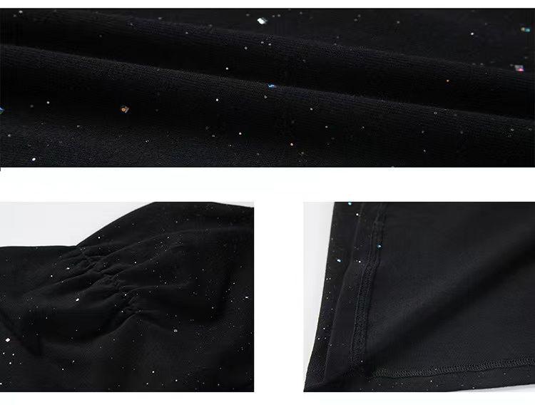 2024 Summer Korean Hepburn Black Sequin Slit Midi Slim Fit Suspender Dress