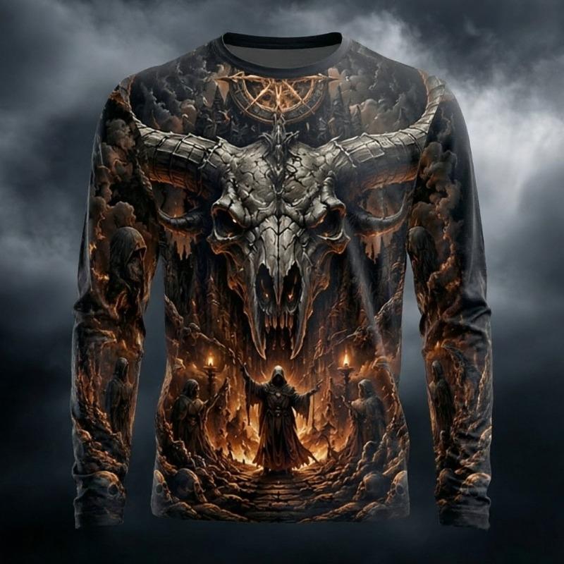Men's Long Sleeve T-Shirt 3D Full Print Gothic Bull Skull Wizard Werewolf Dark Castle Halloween Street Crew Neck Tops