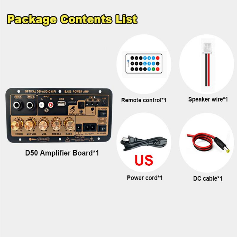 

110В/220В D50 Плата підсилювача Bluetooth з оптичним входом Домашній та автомобільний караоке сабвуфер Професійний аудіопідсилювач US Plug різнокольоровий