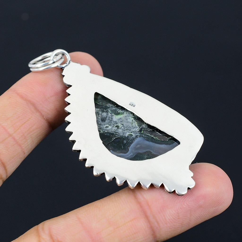 Gift For Her 925 Silver Natural Solar Moss Agate Gemstone Pendant Flower