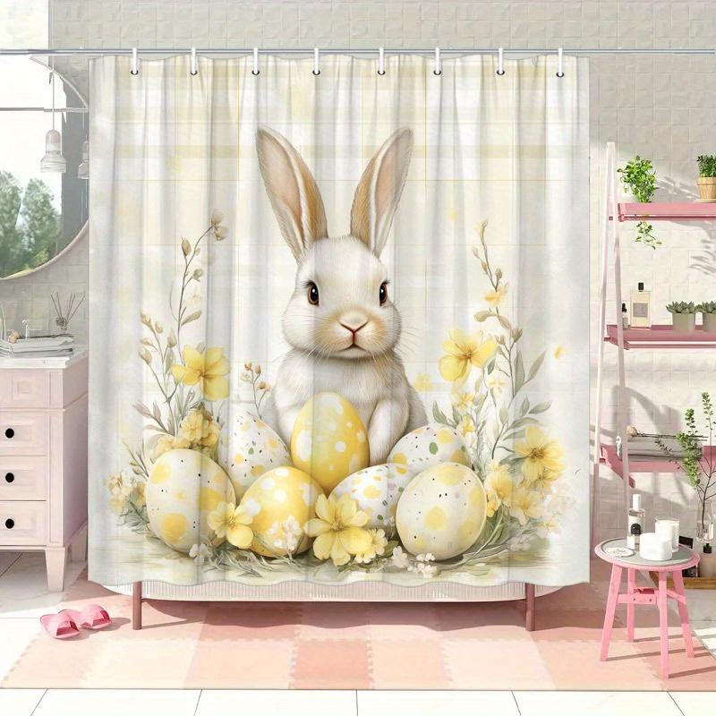 Spring Rabbit Shower Curtain - Cute Rabbit and Narcissus Hanging On the Wall Living Room, Bedroom Decoration - Festive