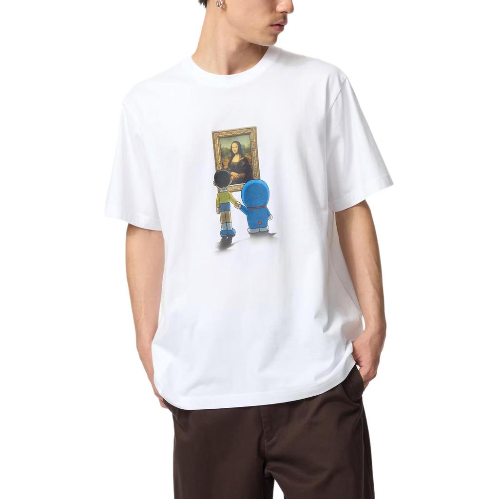 Uniqlo × Doraemon SS25 Mona Lisa Pattern Letter Print Casual Crew Neck Short Sleeve T-Shirt Unisex Tops White 474457-00
