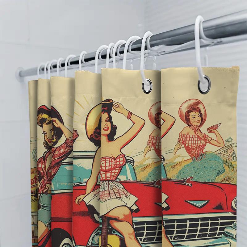 Retro Classic Vintage Style Red Car Girl Cartoon Shower Curtain For Bathroom Decor Home Decoration Supplies Accessories 3D Print