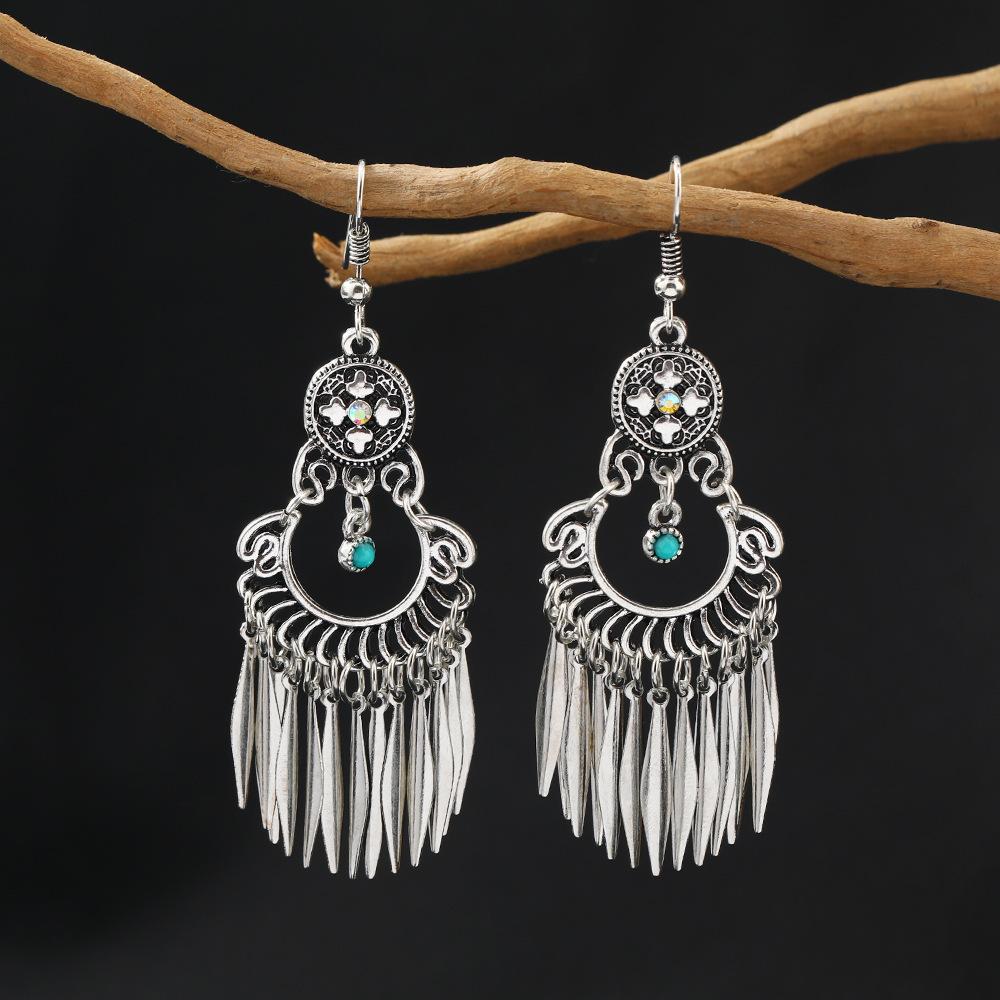 Vintage Ethnic Jewelry Bohemian Antique Silver Color Alloy Imitation Turquoise Tassel Earrings For Women's Party Accessories