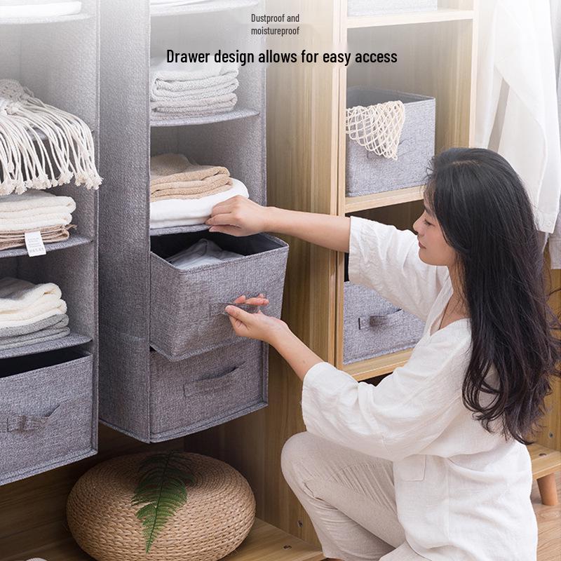 Cotton Linen Hanging Wardrobe Organizer with Multi-Layer Drawers for Clothes and Underwear