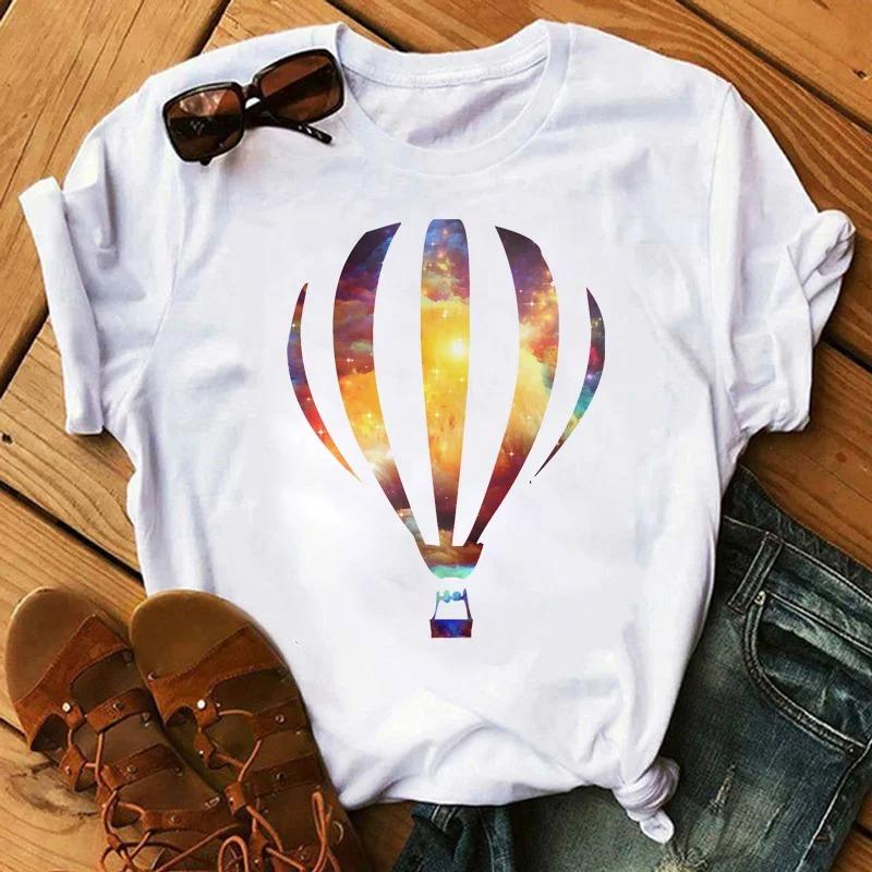 Cartoon Colored Hot Air Balloon Tshirt Womens Summer Round Neck Comfortable Top for Girls Anime Streetwear
