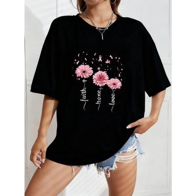 White Oversized T Shirt With Pink Flowers And Words Faith Hope Love Print For Casual Wear