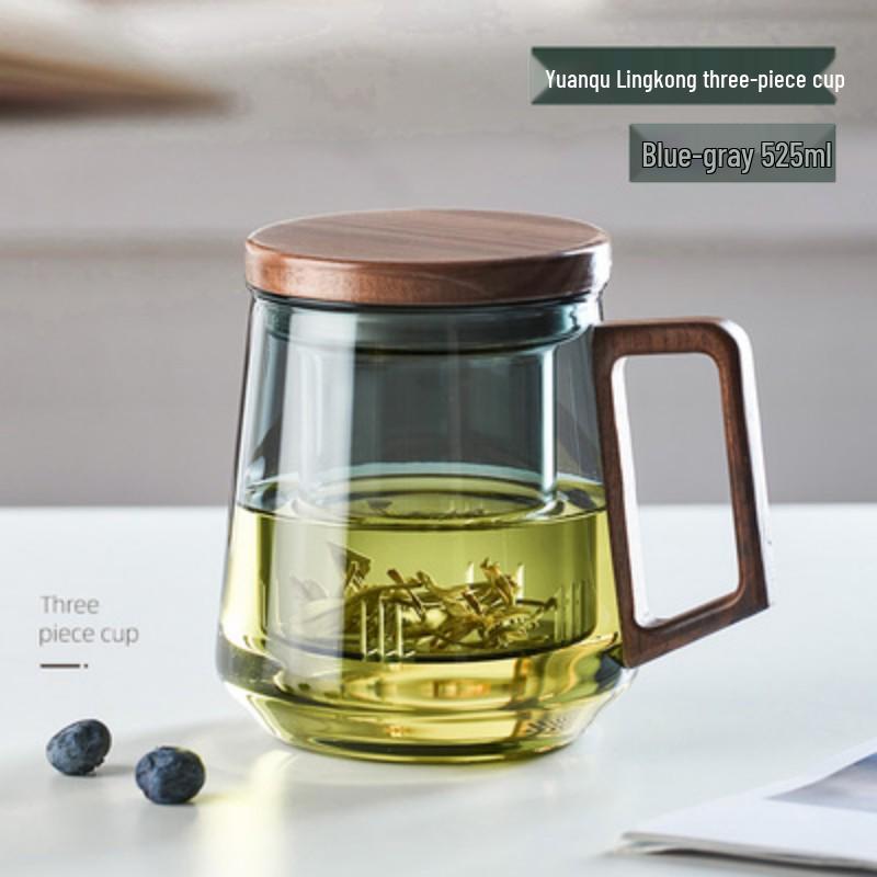 Luxury Smoky Gray Borosilicate Glass Tea Infuser Cup with Wood Handle
